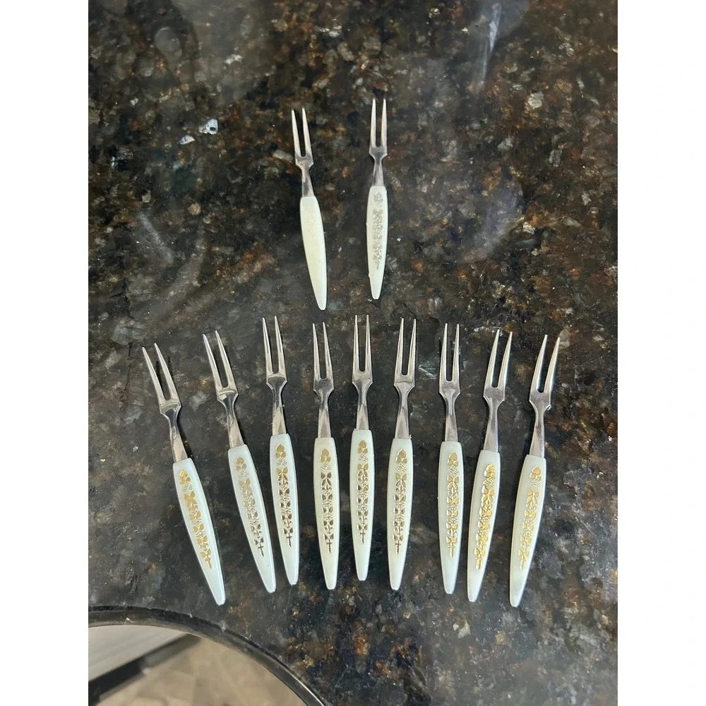 Vintage Set of 11 Appetizer Cocktail Forks White Gold Floral Heart Stainless